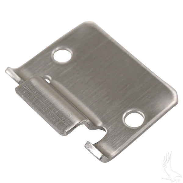 Redhawk seat hinge for Club Car DS 81+ golf cart, showing the metal hinge component on a black seat surface.