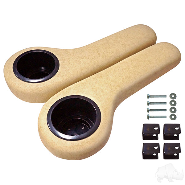 Redhawk RHOX arm rest with cup holder set in beige, showing padded arm support and built-in cup holder on a vehicle seat.