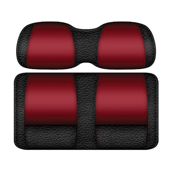 Redhawk DoubleTake Veranda front cushion set for E-Z-Go TXT 96+ in black and ruby, shown on a vehicle seat.