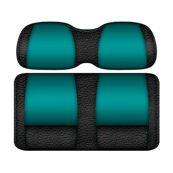 Redhawk DoubleTake Veranda front cushion set in black and teal for E-Z-Go TXT 96+ golf carts, shown on a seat.