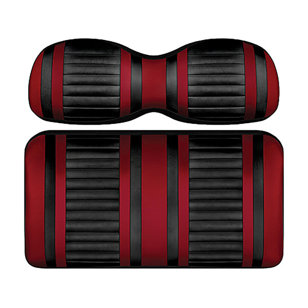 Redhawk DoubleTake Extreme front cushion set for E-Z-Go TXT 96+ golf cart, black and ruby color, shown on seat with detailed stitching.