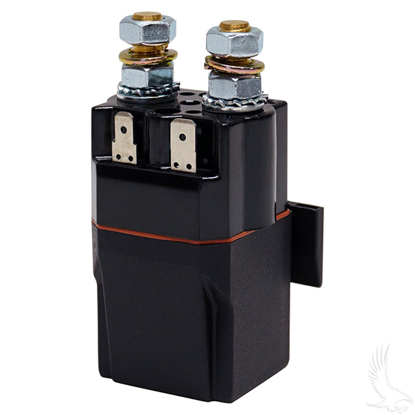 Redhawk 48V copper terminal solenoid with slide-in mounting bracket for Club Car Tempo and Precedent golf carts.