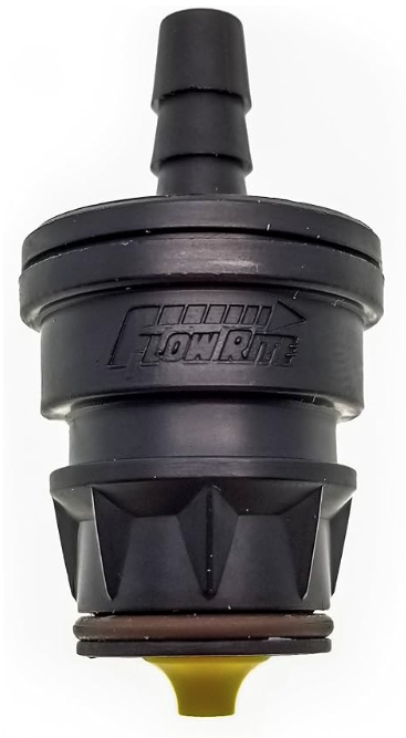 Flow-Rite Battery Watering System BA-QDV-521 coupler with 1/4 inch barb for connecting watering hoses in batteries.