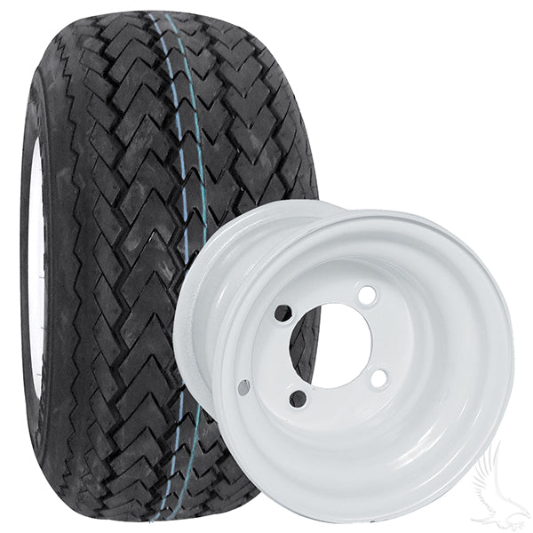 Redhawk Steel 8x7 white standard wheel with Kenda Hole In One tire, 18x8.5-8, 4 ply construction, shown from side angle.