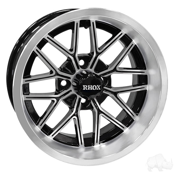 Red Hawk RX281 14x7 glossy black golf cart wheel with ET25 offset, durable high-performance RHOX RX281 wheel for golf carts.
