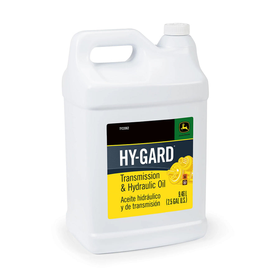 John Deere Hy-Gard transmission and hydraulic oil container, 2.5-gallon size, designed for tractors and hydraulic systems.