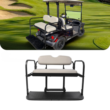 Yamaha Drive Stone golf cart rear flip seat kit by Rainier Parts, durable for golfers, showing the sturdy seat and mounting hardware.