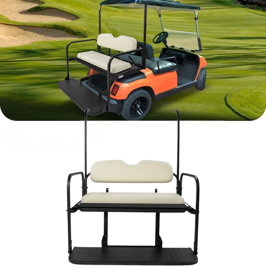 Yamaha G22 golf cart flip seat kit by Rainier Parts in ivory, provides extra passenger seating with durable comfort for golf carts.