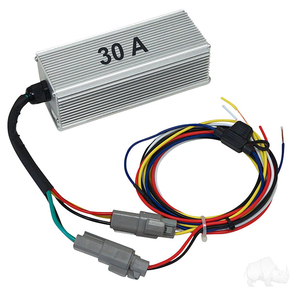 Redhawk voltage reducer converting 36V-48V to 12V at 30A, shown in a compact electrical device with connections.