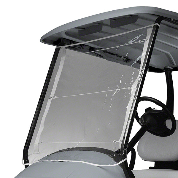 Flexible PVC universal windshield by Redhawk, soft and durable, shown installed on a vehicle for protection from wind and debris.