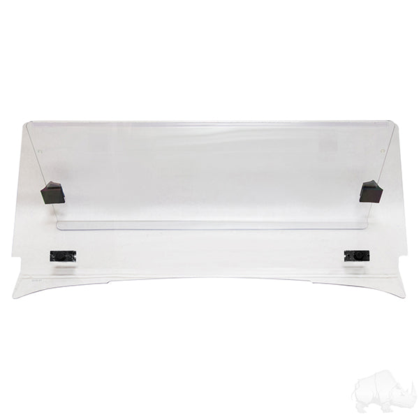 Redhawk impact-modified clear 2-piece windshield for E-Z-Go TXT 95-13 and Medalist golf carts, showing the glass panels and frame.