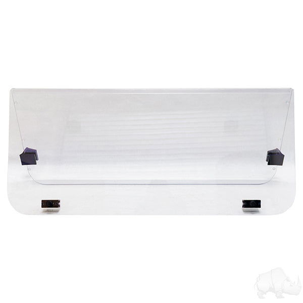 Redhawk impact-modified clear 2-piece windshield for Yamaha G14-G21 golf carts, showing the transparent, fitted glass panels.