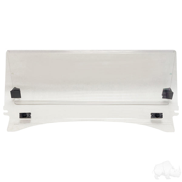 Redhawk impact-modified clear 2-piece windshield for Club Car Tempo, Onward, Precedent golf carts, showing the transparent design.