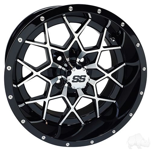 Red Hawk RX387 15x7 golf cart wheel with ET25 Machined Gloss Black finish, showcasing durable premium alloy construction.