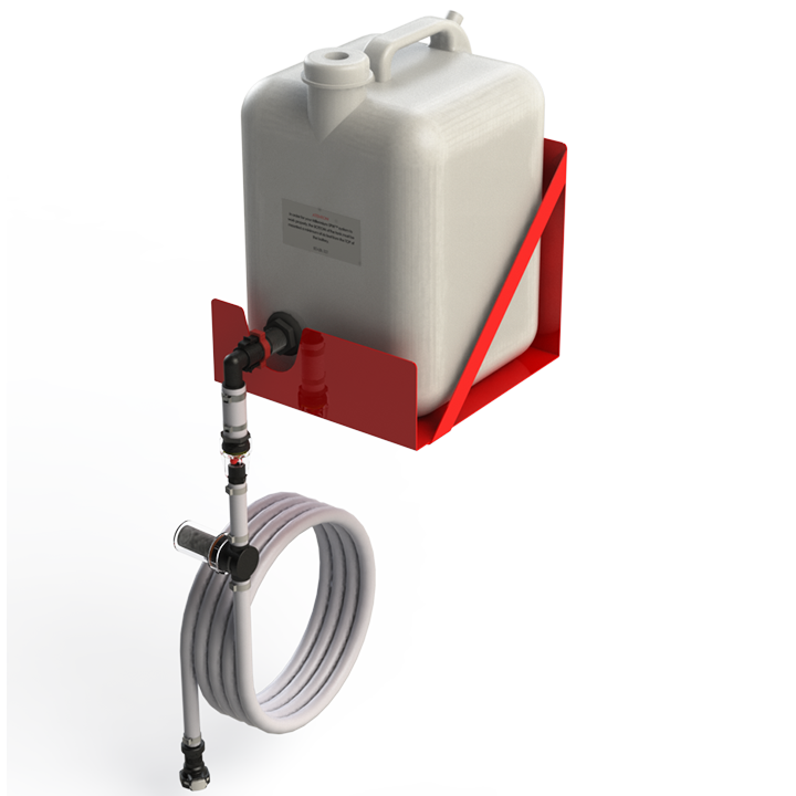 Flow-Rite gravity water tank with mounting bracket BA-MS-702, shown with secure mounting features and no auto-refill option.