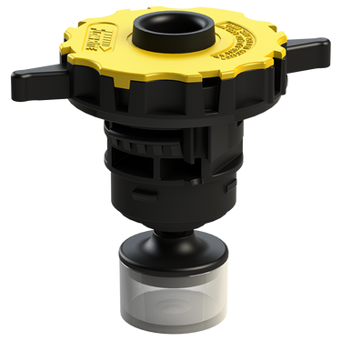 Flow-Rite Pro-Fill valve with yellow winged bayonet cap, clear displacer, no shroud, no swivel, designed for fuel tanks or containers
