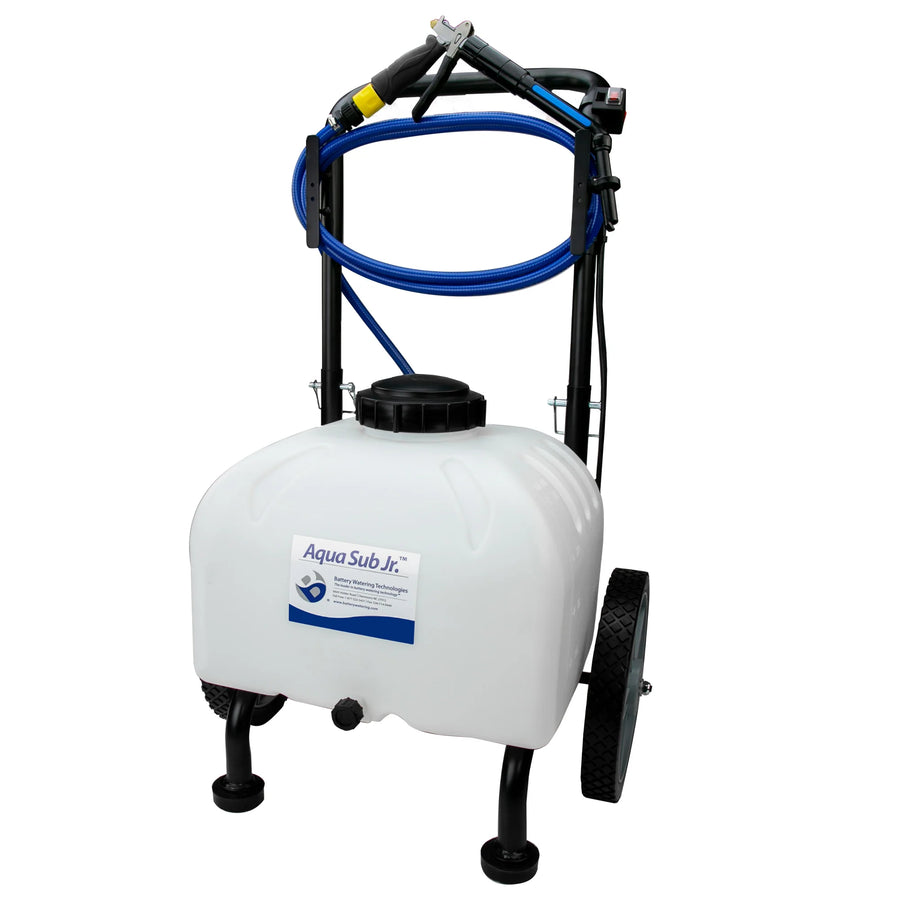 Battery Watering Technologies Aqua Sub Jr. manual watering gun for industrial battery maintenance, 9-gallon capacity, durable plastic design.