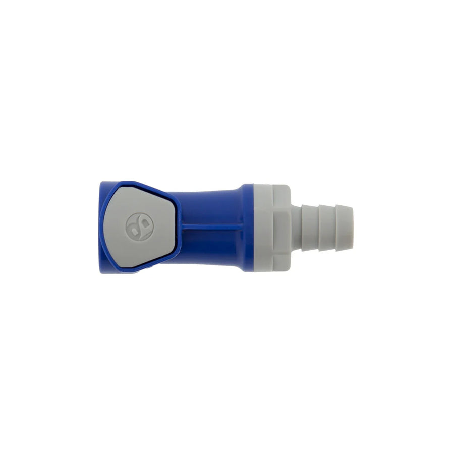 Battery Watering Technologies blue female connector, 3/8 inch (10mm), durable plastic for battery maintenance, shown attached to battery terminals.