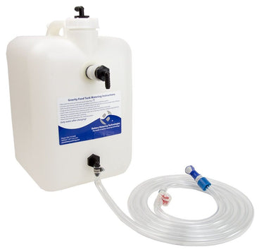 Battery Watering Technologies NT2000AFB 5-gallon gravity auto refill watering tank with blue industrial connector for battery maintenance.