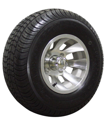 E-Z-GO OEM Daytona tire assembly 205/65-10, 4-ply load rated, ready to install on golf carts, with tire and wheel components visible.