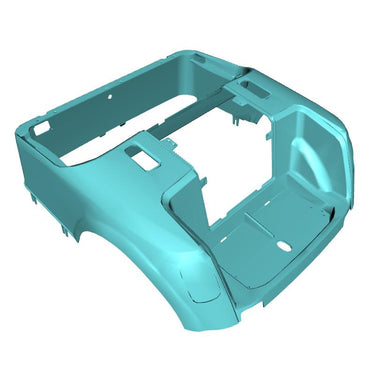 E-Z-GO OEM electric blue golf cart body assembly without lights, model 650353G0041, showing the smooth, painted exterior.