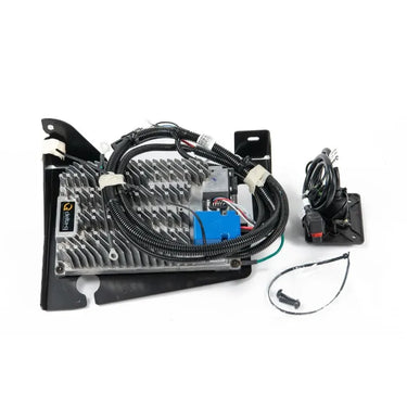 E-Z-GO OEM RXV onboard golf cart charger model 10001555, compact device with connection ports, no DC-DC converter included