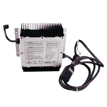E-Z-GO Delta Q AGM Charger for golf carts, high-performance adaptive battery charging solution, with charger unit and cables visible.