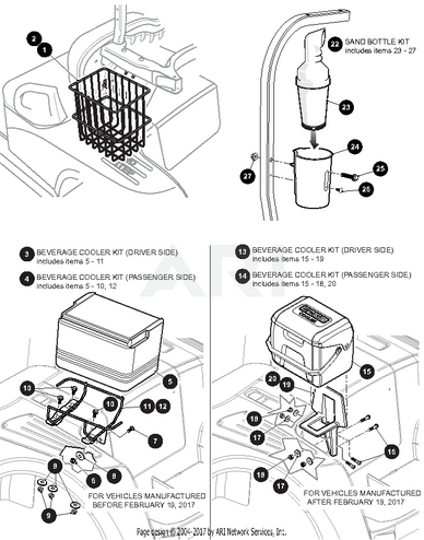 E-Z-GO Beverage Cooler Kit for RXV golf carts, showing the cooler unit with left-handed installation on a golf cart.