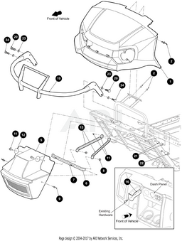 E-Z-GO OEM black cowl replacement for golf carts, durable exterior finish, exact fit, shown on a golf cart.