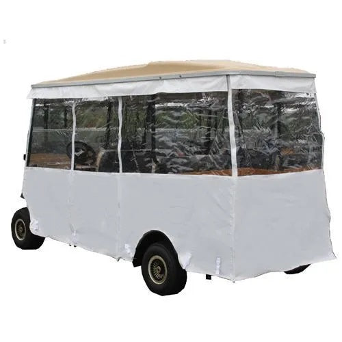 E-Z-GO OEM shuttle enclosure kit in white, weatherproof all-season marine-grade for golf carts, designed for durability and protection.
