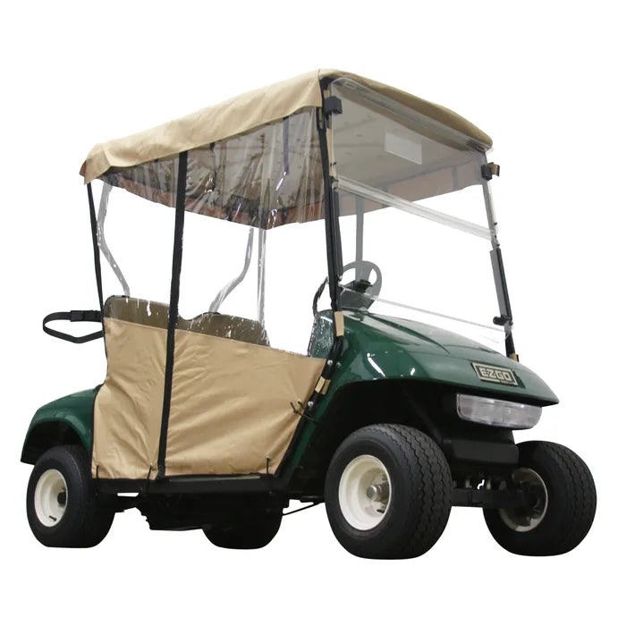 E-Z-GO OEM PF11349 TXT two-passenger tan poly enclosure for golf carts, weatherproof and designed for outdoor durability.