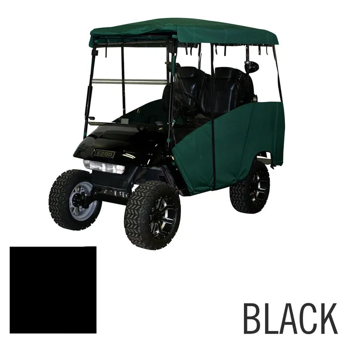 Black OEM E-Z-GO TXT 4 Passenger Enclosure for golf carts, all-weather plug-in design, shown installed on a golf cart.