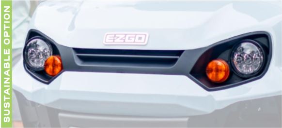 E-Z-GO OEM front grille assembly with Hi-Lo LED lights for Hauler golf cart, model 651698G03, installed on golf cart.