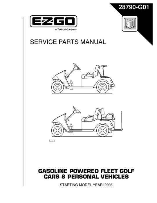 E-Z-GO TXT Gas 2x2 Parts Manual for 2003-2005 golf carts with exploded diagrams, OEM part number 28790G01.