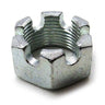 E-Z-GO OEM M22 x 1.5 slotted hex nut for golf carts, showing a durable, secure fastening solution with a metallic finish.
