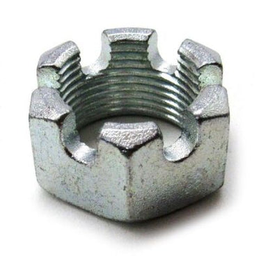 E-Z-GO OEM M22 x 1.5 slotted hex nut for golf carts, showing a durable, secure fastening solution with a metallic finish.