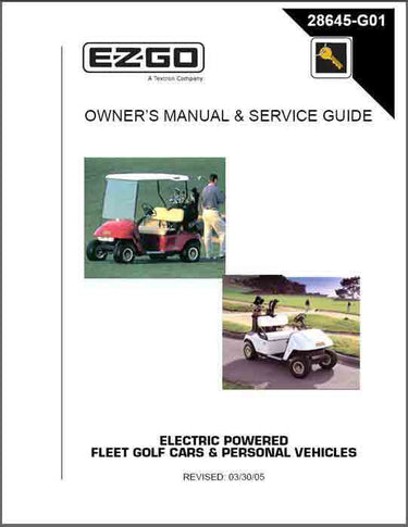E-Z-GO OEM Electric PDS Golf Cart Owners Guide for 2001-2003 models showing cover with manual title and E-Z-GO branding.