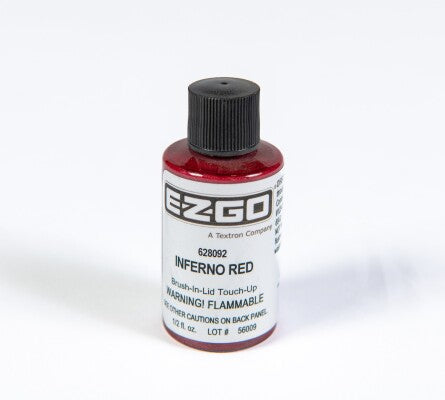 E-Z-GO OEM Inferno Red Metallic Paint bottle for golf carts, factory color match, 10026885G120, with red metallic paint inside.