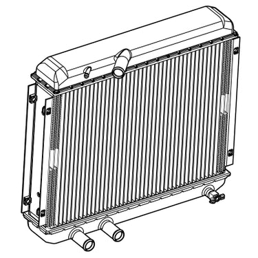 E-Z-GO OEM radiator 4315435 for golf carts, high-performance cooling system, with metal fins and inlet/outlet hoses visible.