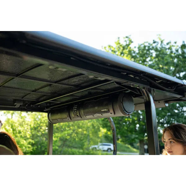 E-Z-GO OEM SoundExtreme Elite 28-inch soundbar kit installed on golf cart, featuring black audio bar with control panel and speaker grills.