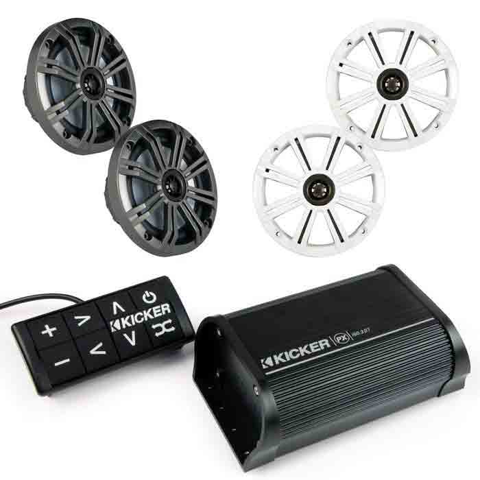 E-Z-GO OEM Kicker Bluetooth speaker kit with dual speakers for golf carts, providing premium audio upgrade.