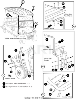 E-Z-GO OEM service kit with black 82-inch top and two boxes for golf cart canopy replacement, model 617950.