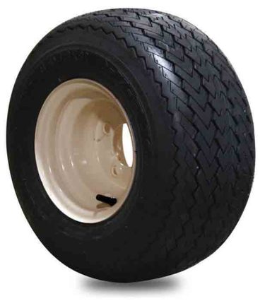 E-Z-GO OEM 612772 tire and wheel assembly for golf carts, featuring Kenda Turf Friendly tires and standard hole design.
