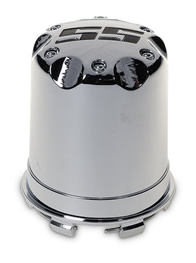 E-Z-GO wheel cap OEM 657175 in black chrome, premium plastic dust shield for golf carts, featuring dual-tone finish.