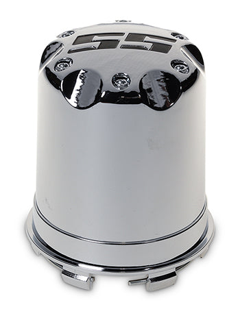 E-Z-GO wheel cap OEM 657175 in black chrome, premium plastic dust shield for golf carts, featuring dual-tone finish.