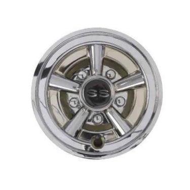 E-Z-GO RXV 8-inch chrome stainless steel wheel cover for golf carts, compatible with 2013-2015 RXV Fleet models, 48V and gas.