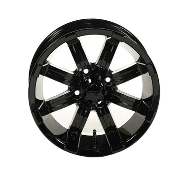 E-Z-GO OEM Spartan SS 14x7 black gloss wheel for golf carts, compatible with 2018+ models, shown in the image.