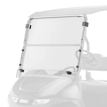 E-Z-GO OEM split windshield for RXV and Valor golf carts, crystal clear safety protection, durable all-weather visibility accessory.