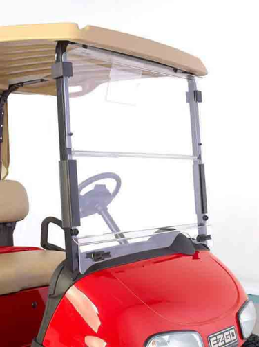 E-Z-GO RXV OEM Windshield Clip-On Kit, weather-resistant split design for golf cart windshields, two-piece set.