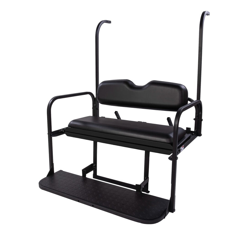 Yamaha G22 golf cart black flip rear seat kit by Rainier Parts, showing comfortable, versatile seat upgrade with durable black upholstery.
